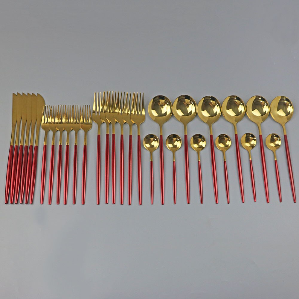 30 st svart guld servis set 18/10 rostfritt stål porslin bestick set enkel middag kniv gaffel sked cutler: Rött guld