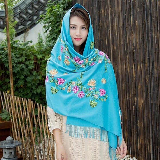 Borduren Bloemen Sjaal Vrouwen Kasjmier Katoen Viscose Sjaals Soild Plain Borduur Sjaals Moslim Kwasten Hijaabs GP02: Sky Blue