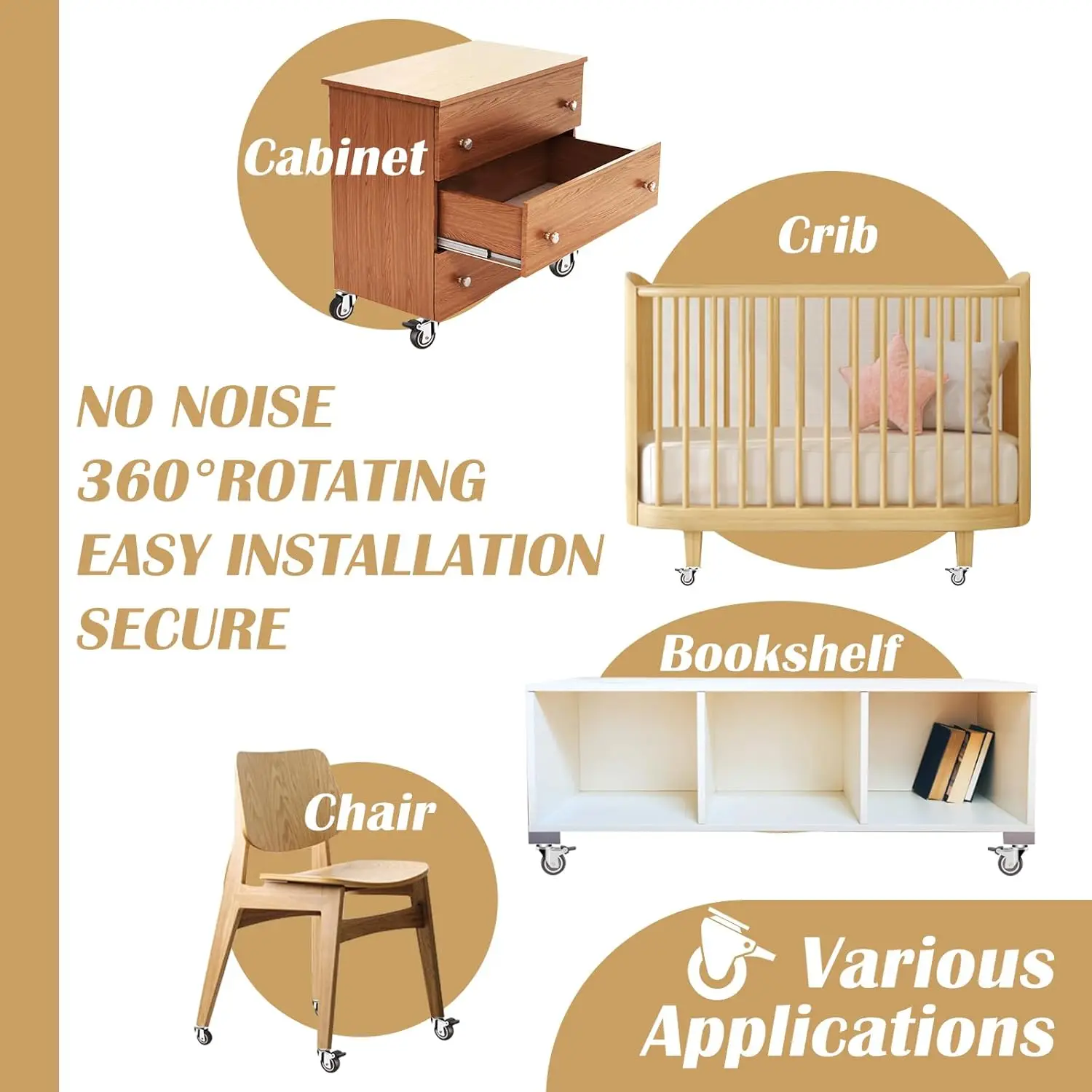 2 Inch Caster Wheels for Furniture, Rubber Swivel Caster Wheels Set of 4, Heavy Duty Casters with Capacity 600 LBS