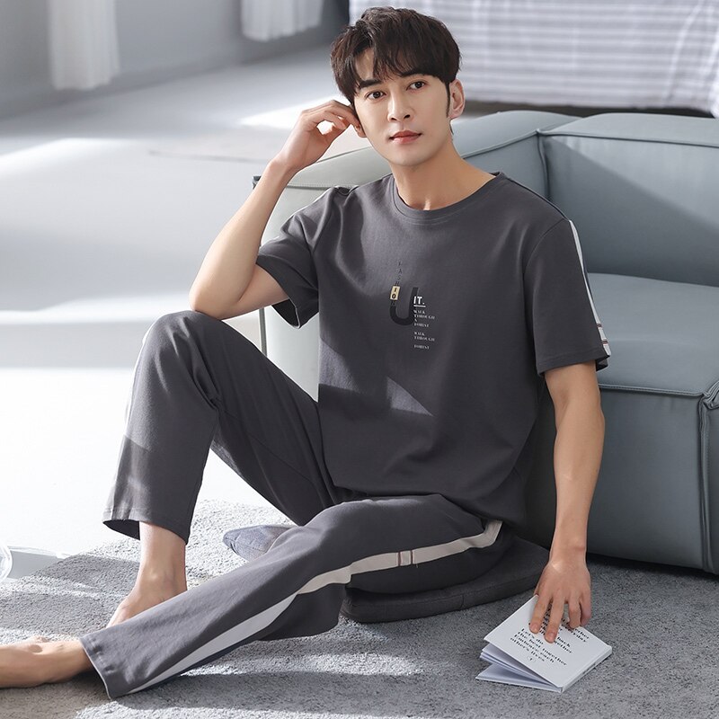 Summer Men&#39;s 100% Cotton Pajamas Letter Sleepwear Pajama Sets Casual Sleep&amp;Lounge Pyjamas Plus Size 4XL Pijama: XL