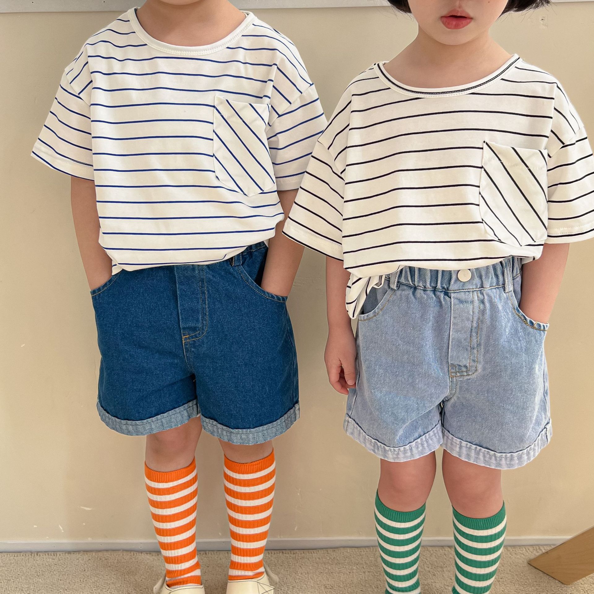 Summer Unisex simple white striped Tees Kids short sleeve cotton all-match T shirts