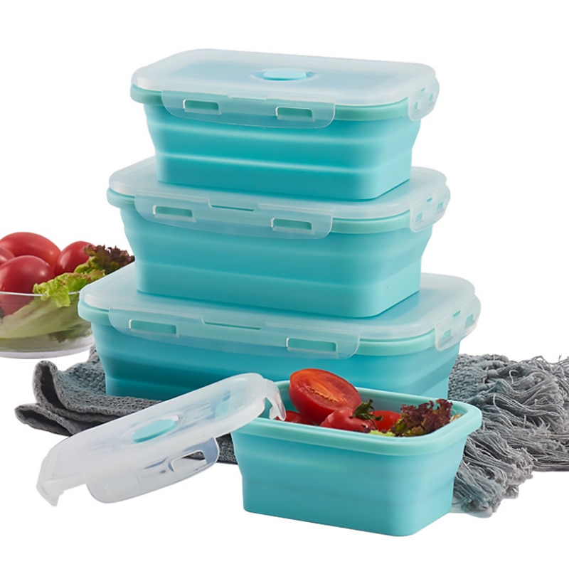 4pcs Silicone Lunch Box Set Stackable Bento Food Container Foldable Lunchbox Dinner Storage Containers Microwave Leakproof Fresh