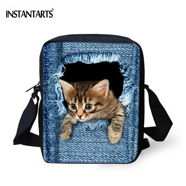 Instantarts Kawaii 3D Denim Kat Print Vrouwen Mini Messenger Bag Mode Dames Reizen Schoudertas Cross Body Bags: C3301E