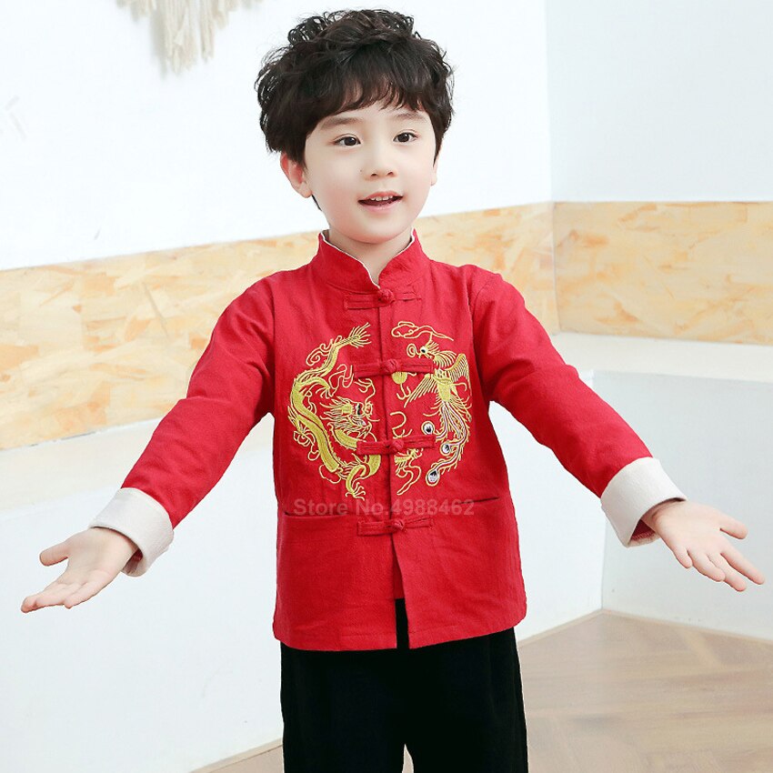 Hauts chinois pour enfants, costume Tang, Dragon Emboridey Hanfu, pour bébé fille et garçon, vêtements de nouvel an, chemise, vêtements traditionnels pour hommes, veste de fête