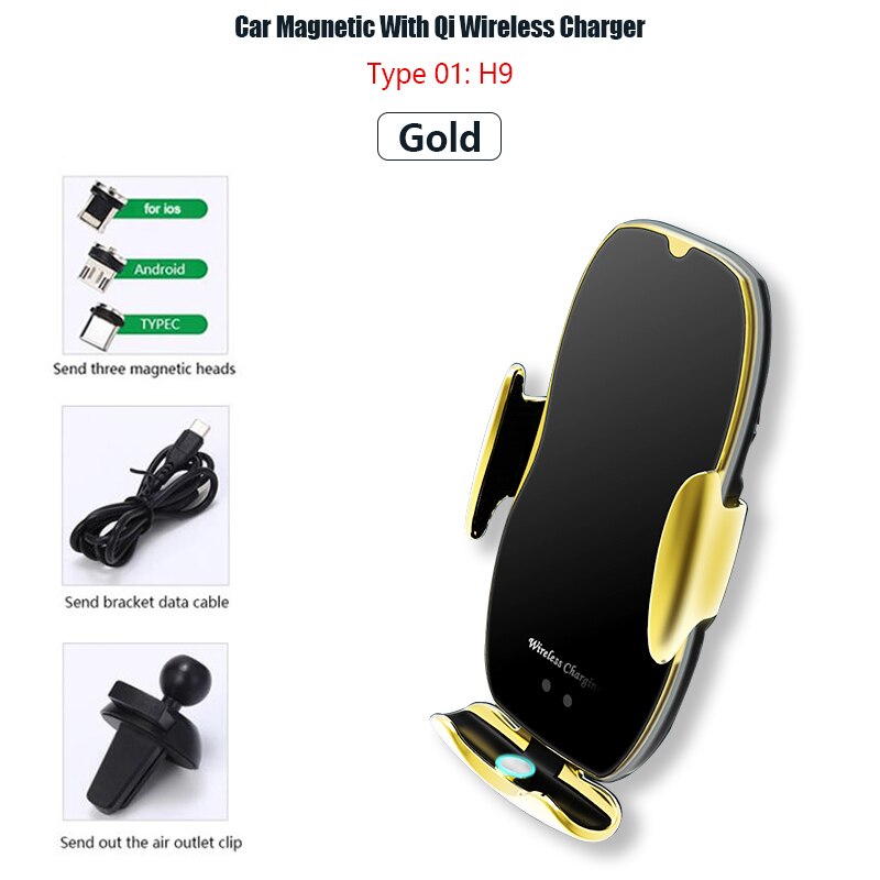 10w aperto automático qi sem fio carregador de carro montagem para o iphone 11 xs xr x 8 carregamento rápido suporte do telefone para samsung s10 s9: H9 Gold