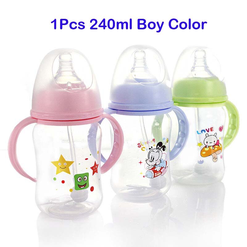 240Ml Baby Melk Fles Brede Hals Bpa Gratis Zachte Siliconen Zuigfles Met Feeder En Handvat Voor kids: 240ML Boy Color