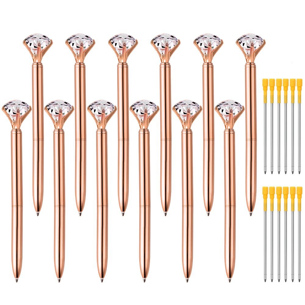 12 stuks Grote Diamant Kristal Balpennen En 12 Stukken Balpen Vullingen, Zwarte Inkt (Rose Goud)