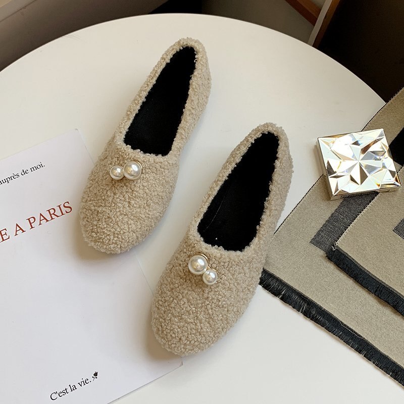 Ull kvinnor lägenheter pärla slip on skor kvinna loafers svarta båt skor plysch päls dam sko zapatos mujer 8720n: Beige / 35 ( 22.5cm )
