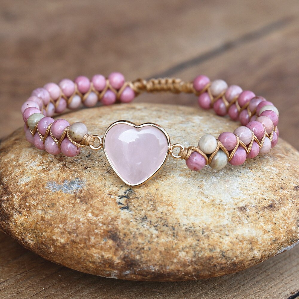 4Mm Rhodonite Roze Crystal Heart Charm Armbanden Vrouwen Bohemen Yoga String Gevlochten Lover Wrap Armband Handgemaakte Sieraden: Default Title