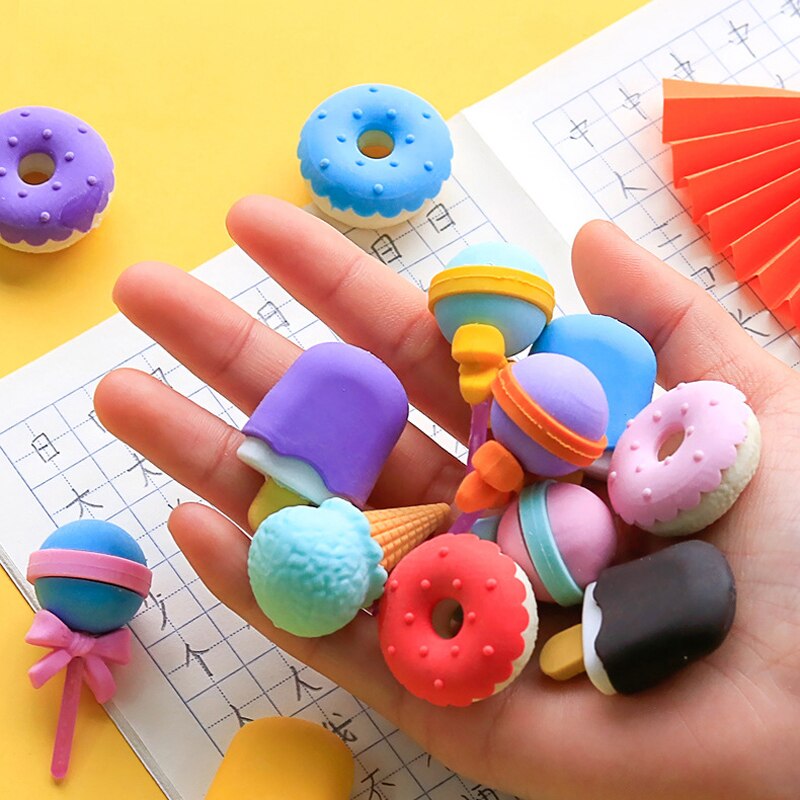 4 unids/pack lindo postre borrador conjunto encantador Lollipop helado Donuts de goma borrador de lápiz para los niños la fuente de la escuela