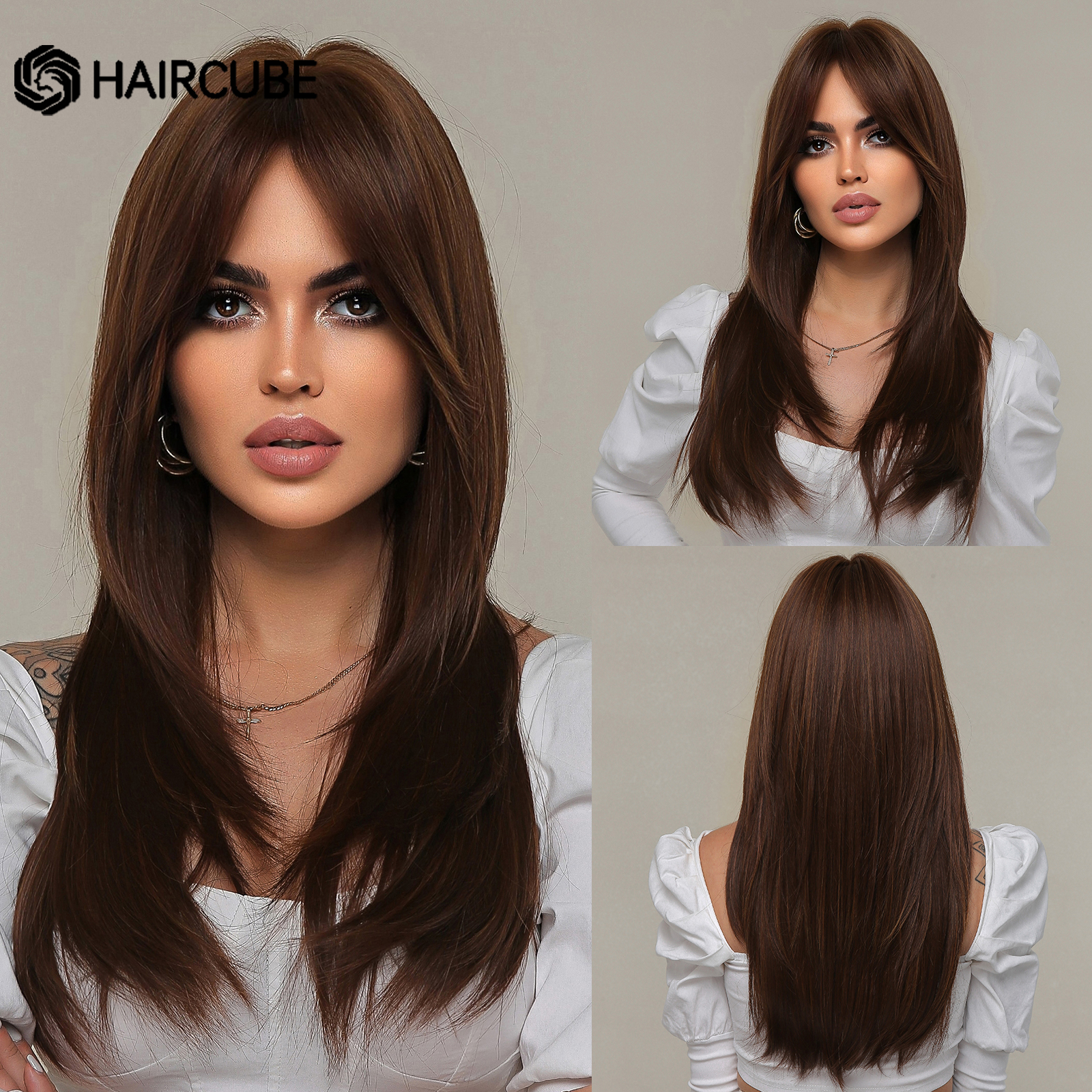 HAIRCUBE Brown Highlight Synthetic Wigs Long Straight Wigs With Bangs for Women Natural Hair Cosplay Heat Resistant Fiber Wigs