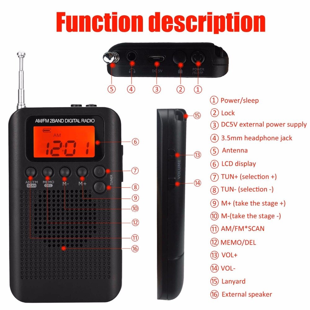 Jinserta bärbar mini fm / am-radiohögtalare musikspelare med väckarklocka lcd-skärm stödjer batteri och usb-ström