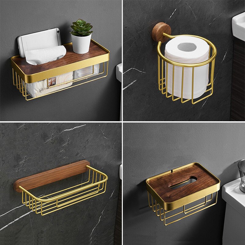 Toilet Tissue Box Gold Wood Roll Paper Holder Toilet Paper Holder Pasteable Toilet Paper Shelf Bathroom Accessories