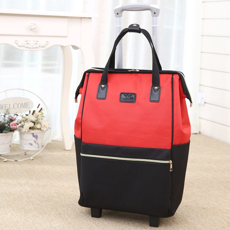 Women Large Capacity Travel Shoulder Tote Bag Spinner Multifunction Rolling Luggage Soft Oxford Lightweight Trolley Bag XA588F: Red