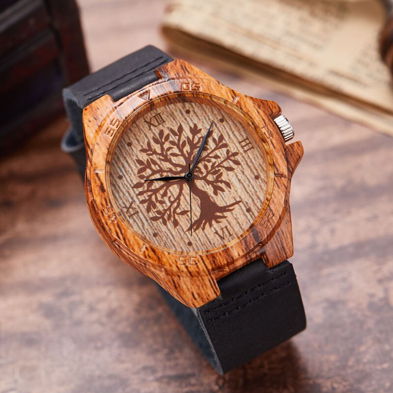 Reloj de pulsera de madera de imitación de árbol y ciervo para hombre y mujer, cronógrafo de imitación de Animal, caja acrílica, color marrón: Tree watch2