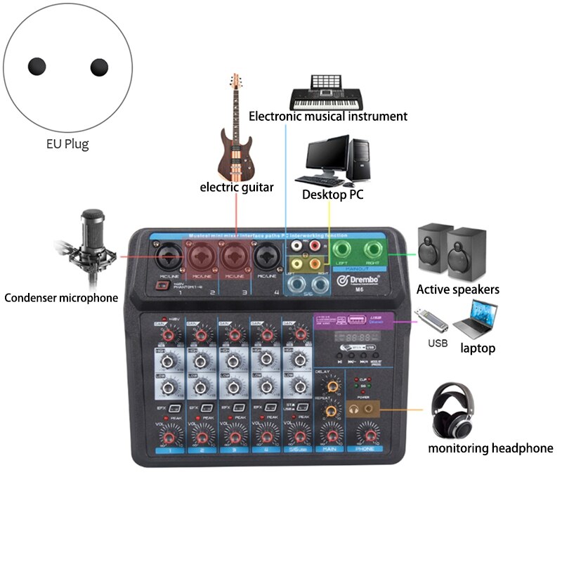 4 Channel Protable Digital o Mixer Console with Sound Card,Bluetooth, USB, 48V Power for DJ Recording EU Plug