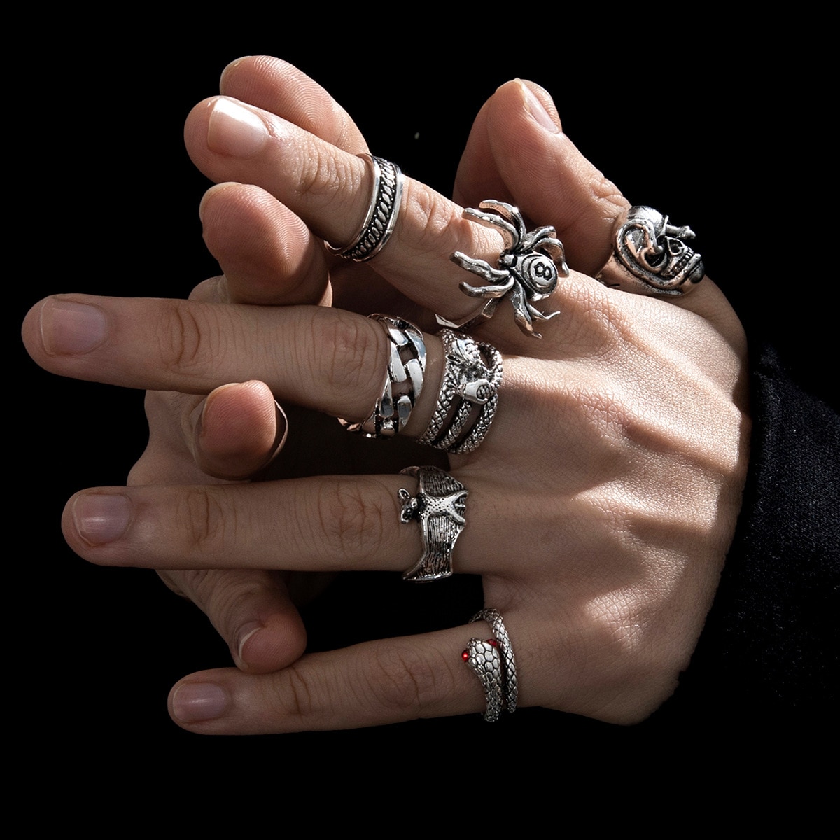 Gothic Skeleton Unisex Ring Set Punk Grunge Butterfly Frog Woman Man Jewelry Hip Hop Party Street Ring Accessories: green