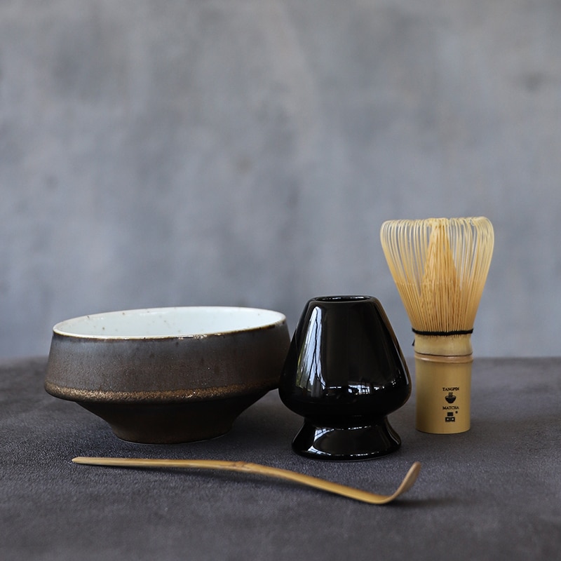 Tangpin 4 st/uppsättning keramiska matcha giftset bambu matcha visp skopa keramisk matcha skål visp hållare japanska tesatser
