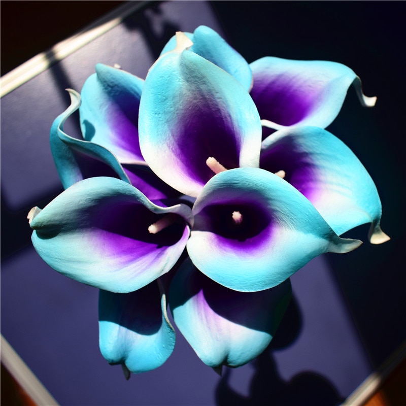 Oasis Teal Wedding Flowers Teal Blue Calla Lilies 10 stem Real Touch Calla Lily Bouquet Wedding Centerpieces artificial flowers: purple blue