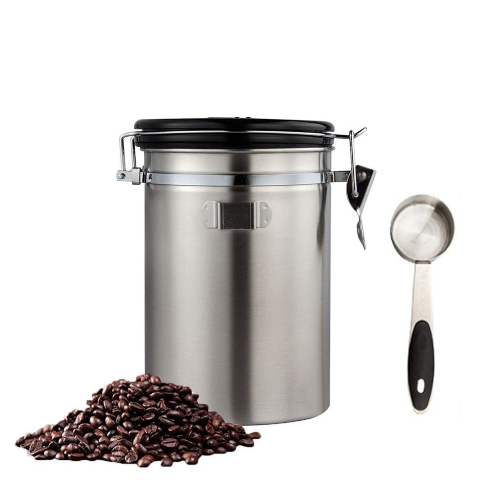 1.8l rustfri stålbeholderbeholder lufttæt kaffekrukke med måleske til ristede kaffebønner te nødder: Lysegrå