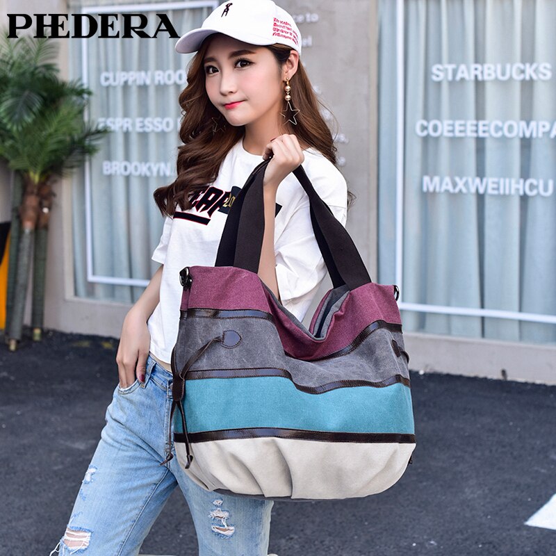 PHEDERA Patchwork Canvas Vrouwen Schoudertassen Regenboog Roze en Blauw Gestreepte Vrouwelijke Portemonnee Mode Vrouwen Messenger Bag