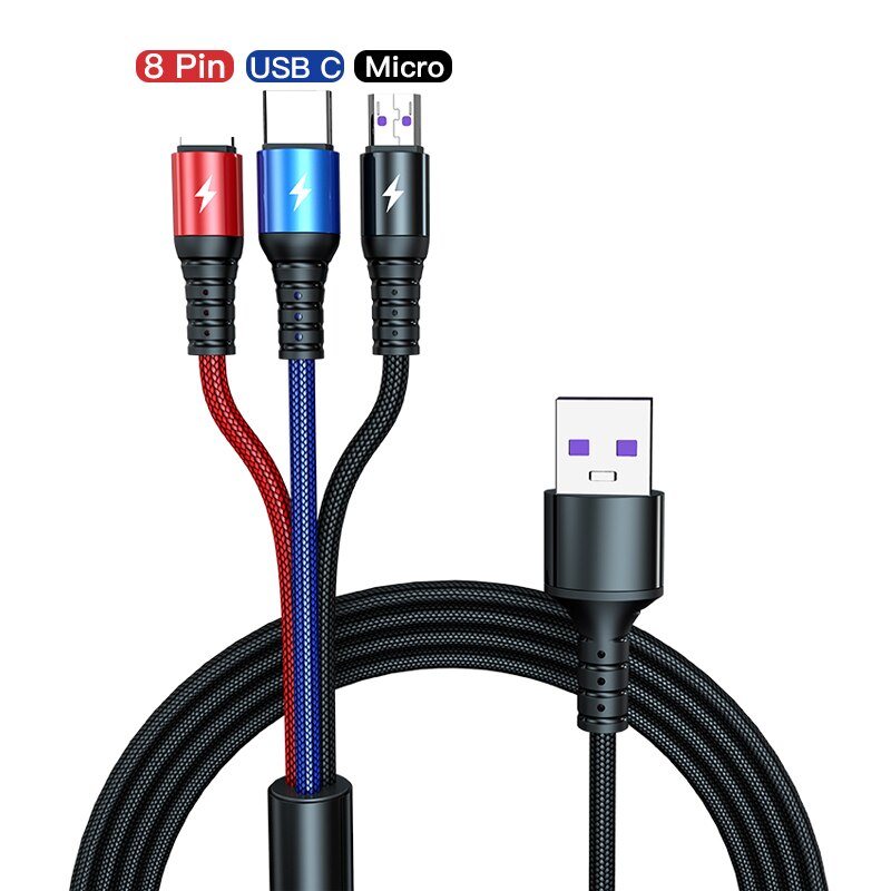 5A 3 in 1 Super Fast Charge Cable For iPhone 11 Pro MAX SAMSUNG HUAWEI XIAOMI OPPO Vivo 8Pin/Micro USB/Type-C Fast Charging Wire: Default Title