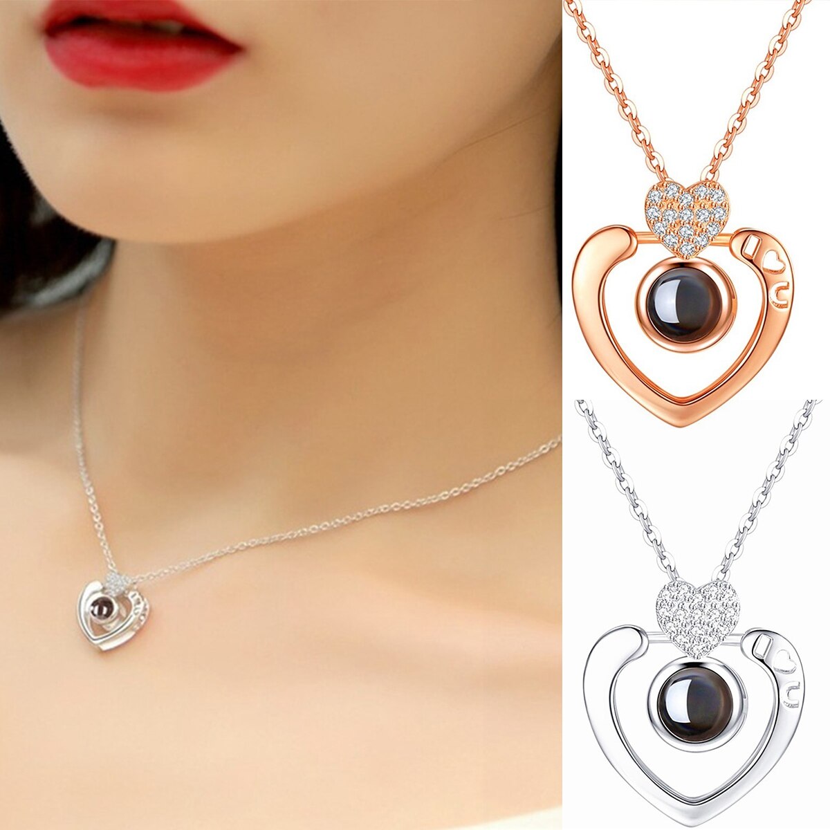 Silver Rose Gold 100 Languages Light I Love You Projection Pendant Necklace Love Heart-Shaped Diamond Necklace