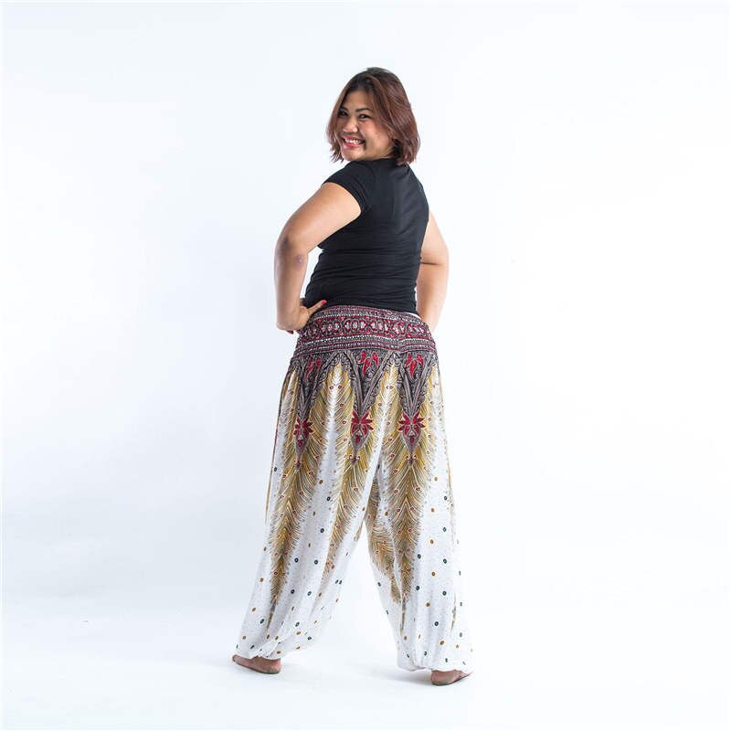 Men Thai Harem Pants Casual Trousers Loose Elastic Waist Vintage Print High Waisted Beach Pants Unisex Women Drawstring