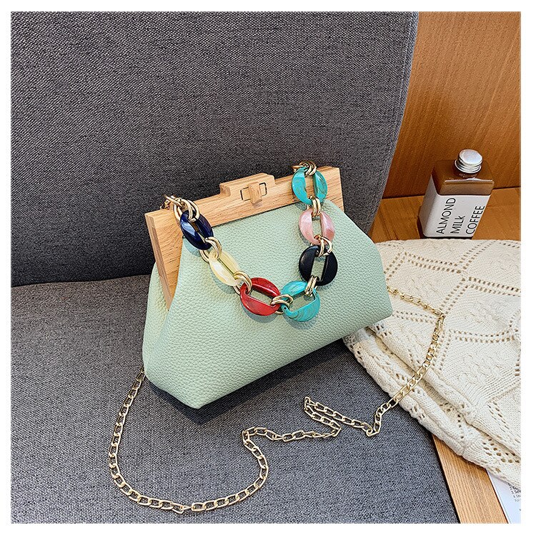 Bolso de hombro con Clip de madera para mujer, bandolera pequeña de cuero mate de lujo con cadena acrílica: green