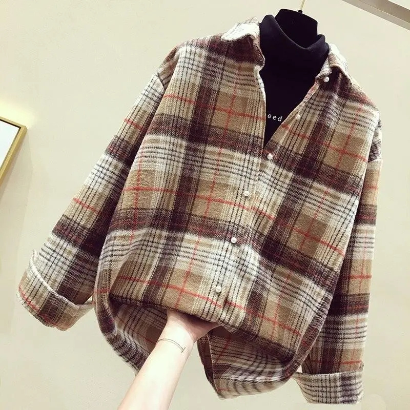 Spring Autumn Female Leisure Long Sleeves Shirt Women Plaid Woolen Cloth Cardigan Blouse Korean Ladies Loose Shirt: S / Ivory