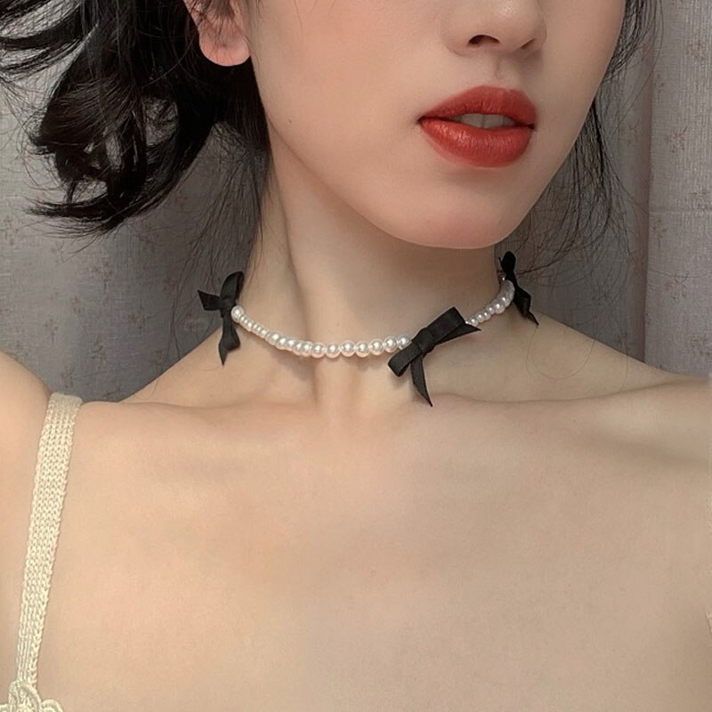 Korea Zoete Zwarte Fluwelen Strik Choker Ketting Eenvoudige Strik Pluche Parel Sleutelbeen Ketting Kraag Voor Vrouwen Dame Sieraden