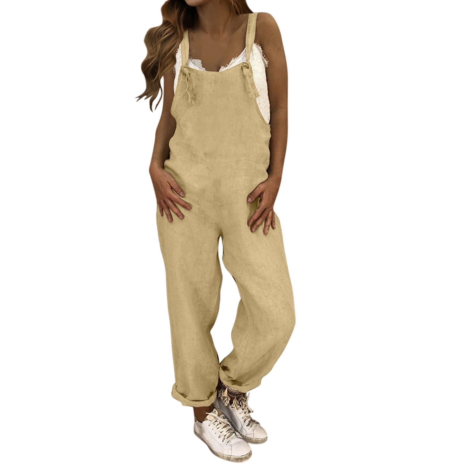 Jumpsuit plus size ensfarvede vide ben kvinder jumpsuit sommer afslappet løs ærmeløs lommer hagesmækken overalls sparkedragter: Xl / Khaki