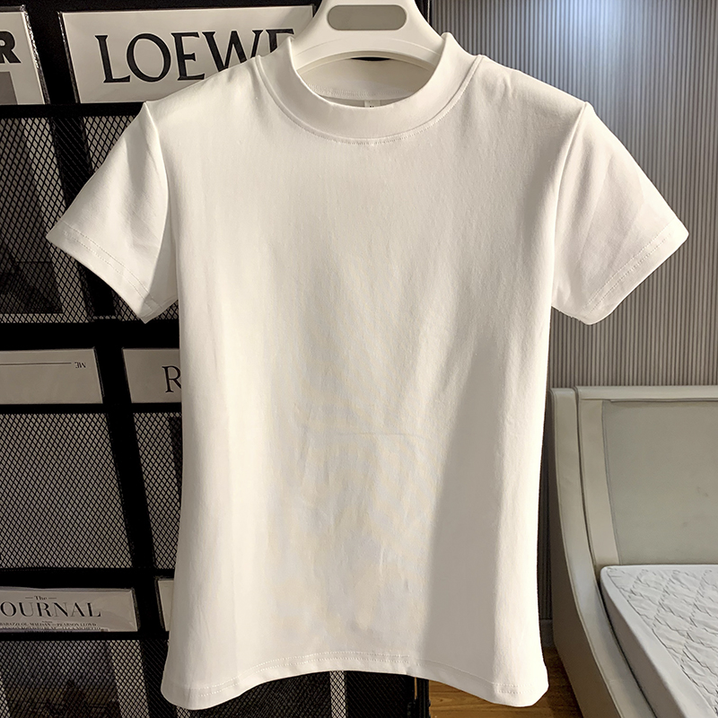 2024 Mode Vrouwen Katoenen Half Hoge Kraag Korte Mouw T-Shirts Zomer Effen Kleur Elegante T-Shirt Casual Tops