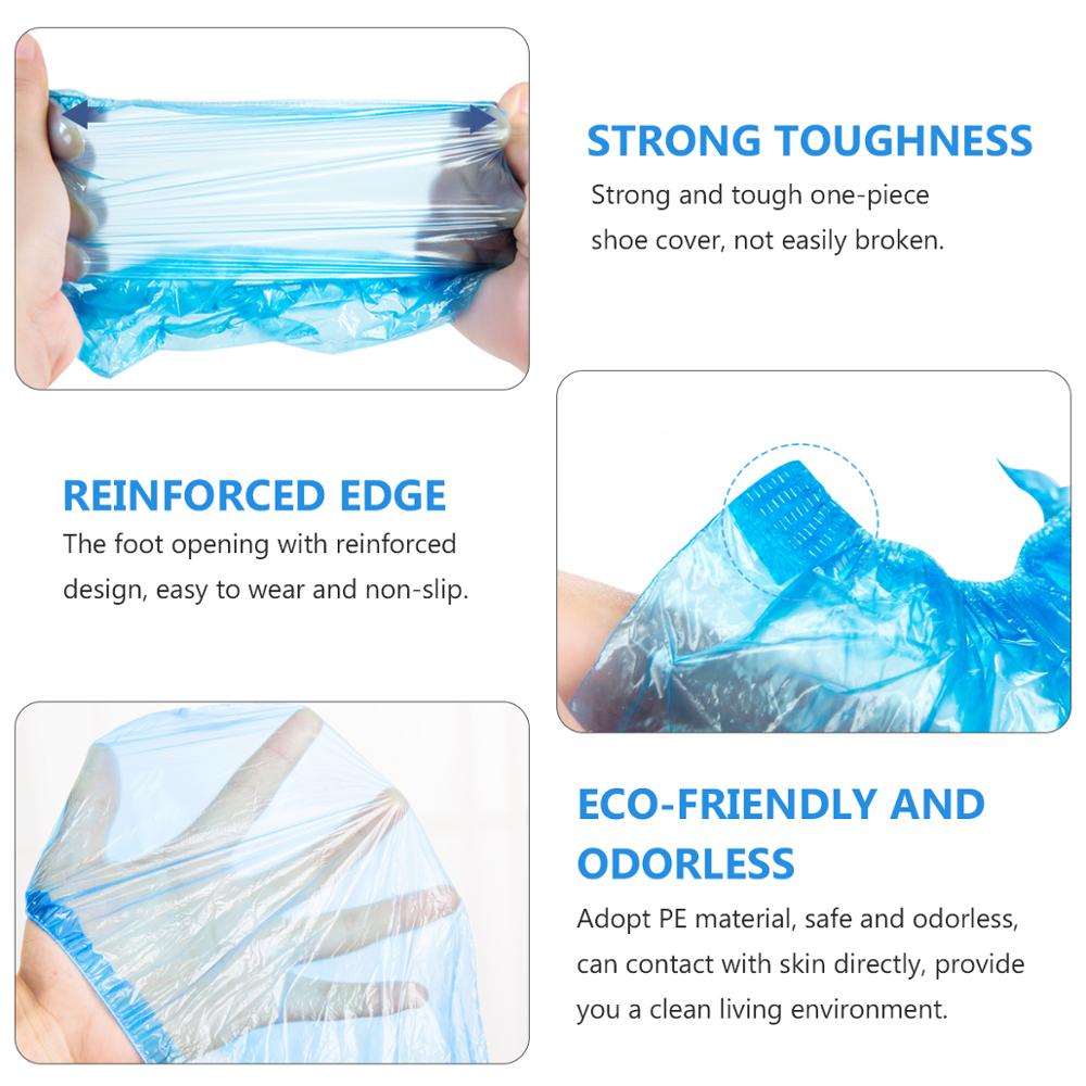 Couvre-chaussures jetables en plastique épais, 100 pièces, résistant à l'eau, bleu, pour l'extérieur, tapis de nettoyage, pour les jours de pluie
