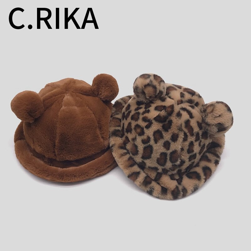 Vinter leopard bjørn øre spand hat kvinder tyk varm imiteret pels fiskekasketter bob piger plys blød panama vinter hat