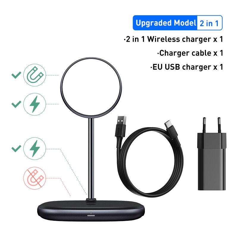 Caricabatterie Wireless da tavolo magnetico Baseus per iPhone 12 serie 13 supporto da tavolo supporto per telefono caricabatterie Wireless da 10W: 2 in 1 Black EU Plug