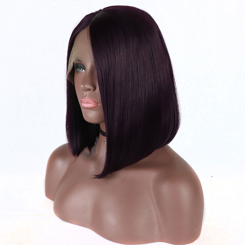 Bombshell curto em linha reta bob peruca dianteira do laço do cabelo sintético roxo escuro resistente ao calor fibra cabelo médio de separação para perucas femininas