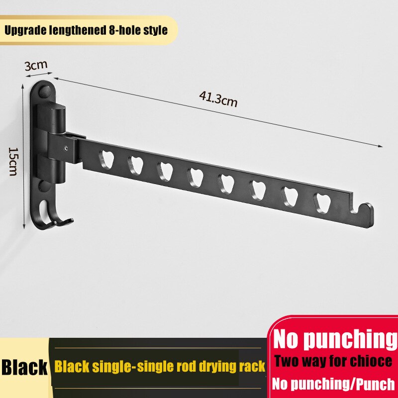 Aluminum Wall Mounted Laundry Clothes Rack Swivel Folding Clothes Hanger Rack Dryer Balcony Drying Rack For Clothes Hanger: Black Single Bar
