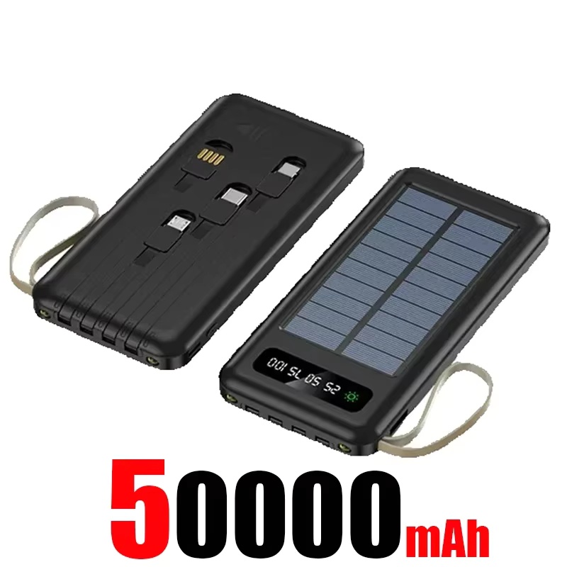 500000 mAh zonne-energiebank Snel opladen Powerbank Draagbare mobiele krachtzaklamp met hoge capaciteit Ingebouwde batterij met 4 kabels: WIT
