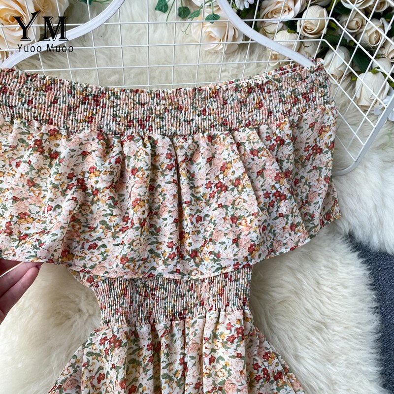 Yuoomuoo Bohemian Zomer Off Shoulder Bloemenprint Jurk Vrouwen Elegante Ruches Chiffon Lange Jurk Boho Mode Strand Jurk