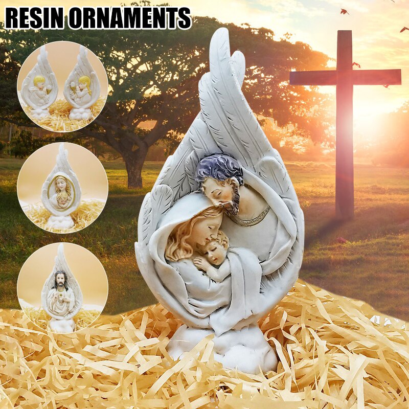 Holy Family Statue Collectible Figurines Handmade Resin Angel Wings Ornament Religious Catholic for Men Women REME