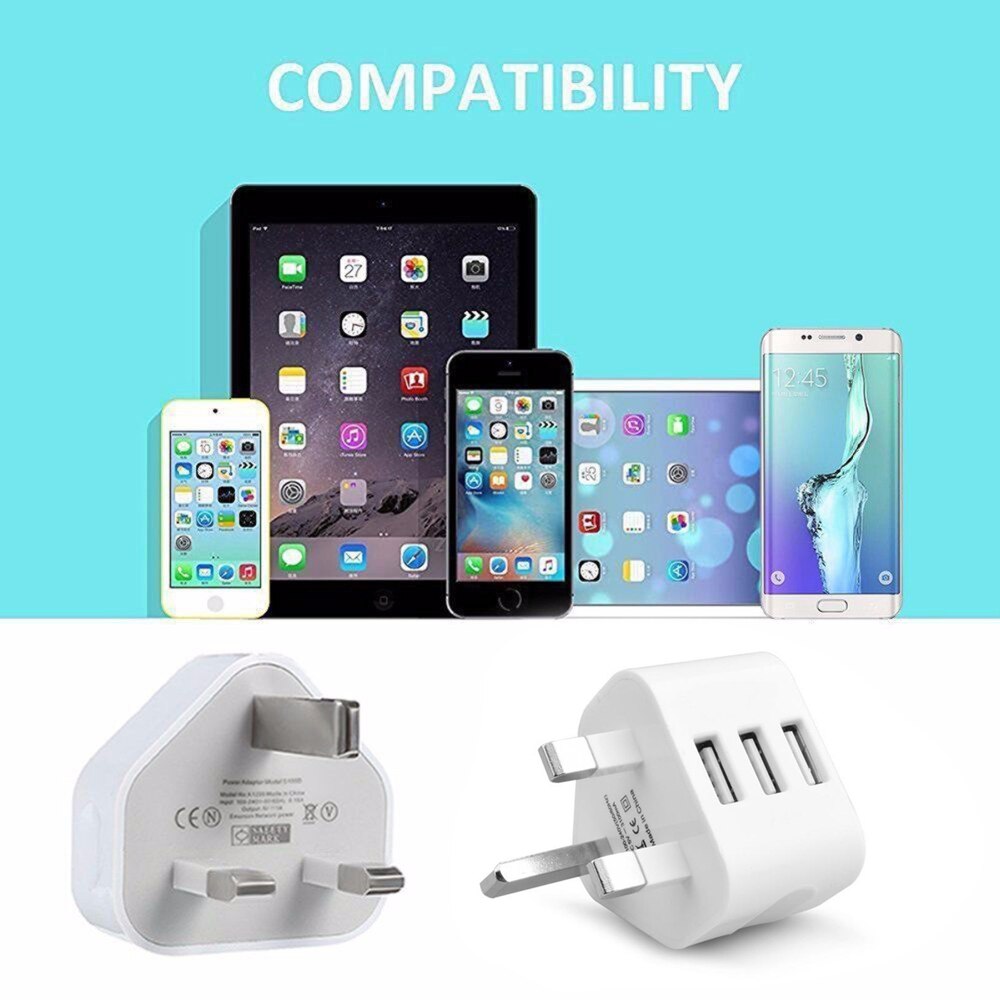 UK Plug Double USB 3USB Adapter Mains 3 Pin Plug USB Adaptor Wall Charger Travel Charging Cable 5V2 For Apple/Tablets