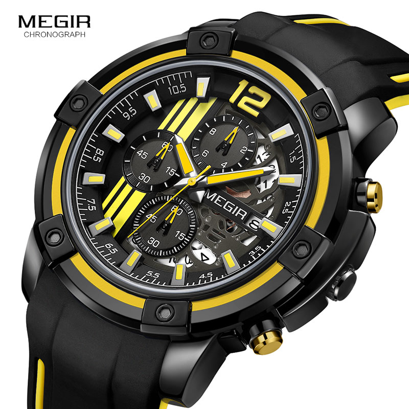 Megir Mannen Zwarte Siliconen Band Quartz Horloges Chronograaf Sport Horloge Voor Man 3atm Waterdichte Lichtgevende Handen 2097 Geel