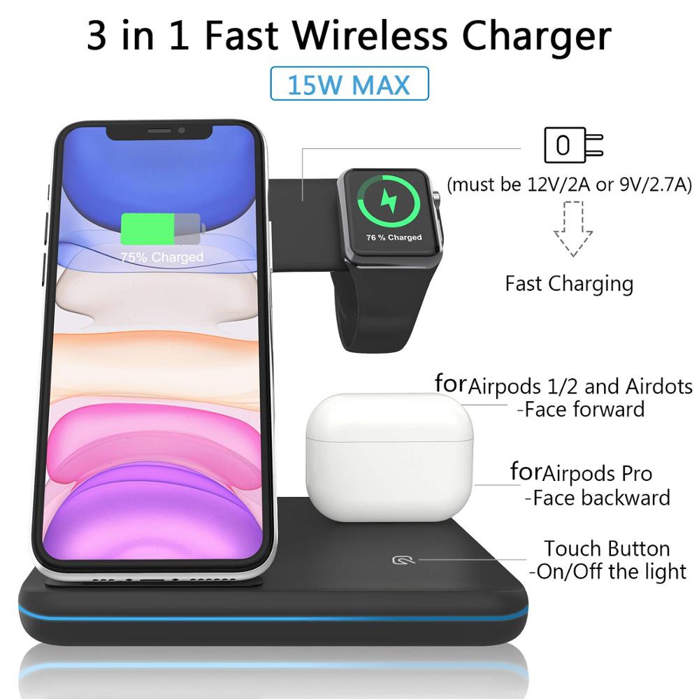 Qi 15W Draadloze Oplader Stand 3 In 1 Snel Opladen Dock Station Voor Airpods Pro Apple Horloge 5 Iwatch iphone 11 Xs Xr X 8 Samsung