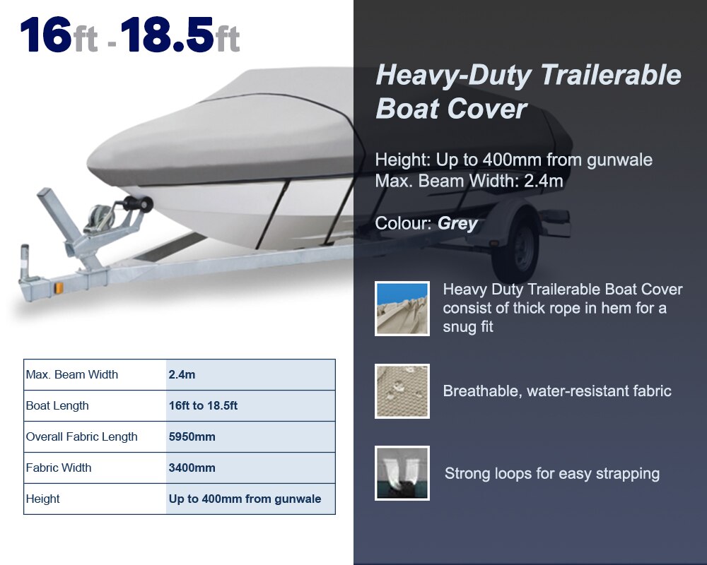 Economy 12ft-22ft Trailerable Boat-Cover Marine-Grade Heavy-Duty Oceansouth Water Sun proof UV Protection Ski-boat Mooring Cover: 16ft - 18.5ft Grey
