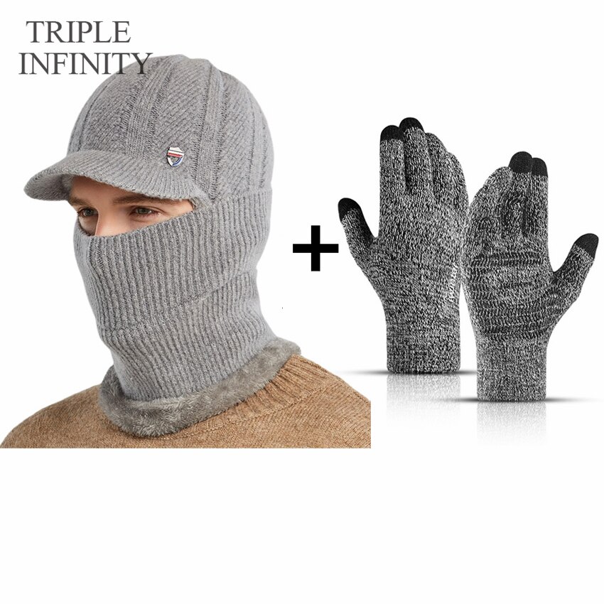 TRIPLE INFINITY Winter Men Knitted Hat Thick Windproof Dust-proof Sun Visor Hats Outdoor Cycling Warm Bonnet Male Baseball Cap: Winter Warm Set H