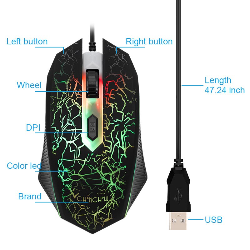 Chonchow mouse gamer com fio, 4 botões, 3200dpi, mouse óptico mudo para computador, notebook, jogos, pc