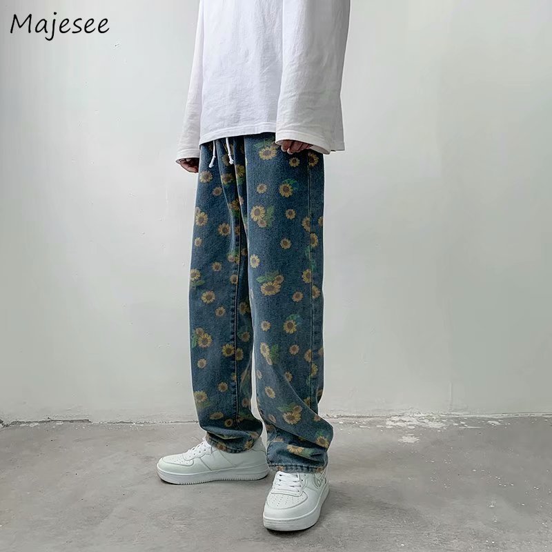 Men Jeans Floral Printed Drawstring Full Length Denim Long Trousers Hip Hop Korean Style Trends Leisure Loose Handsome