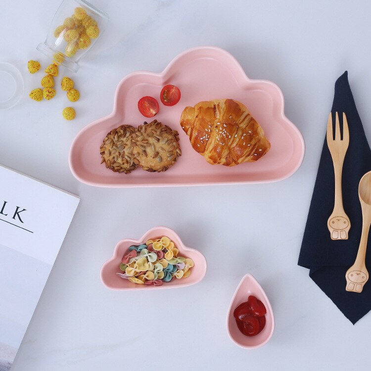 1 Pc Keramiek Cartoon Cloud Matte Scrub Ontbijt Plaat Styling Plaat Brood Schotel Regen Druppels Dim Pittige Schotel Met geschenkdoos: Pink / Cloud