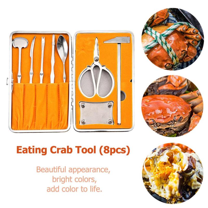 8 Pcs/set Stainless Steel Eating Crab Tools Lobster Crab Cracker Tool Kit Seafood Tools Set Kitchen Spooner Small hammer Gadget